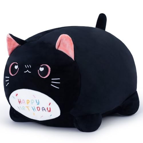 Yeqivo Geburtstagskatzen-Plüschkissen, Stofftierspielzeug, Schwarze Geburtstagskatze, Plüschtiere, weiches Katzen-Plüschkissen für Kinder (Schwarze Katze, 40 cm) von Yeqivo
