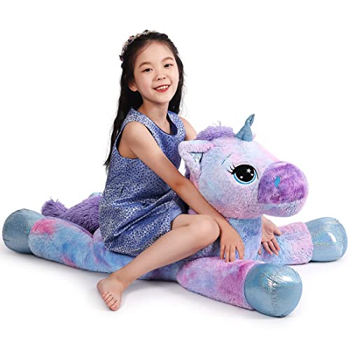 Yeqivo Riesen Einhorn Spielzeug Plüsch Großes Regenbogen Lila Einhorn Kuscheltier Schöne Einhorn Geburtstagsdekoration für Kinder tolle Einhorn Geschenke für Mädchen (110CM,Blau) von Yeqivo