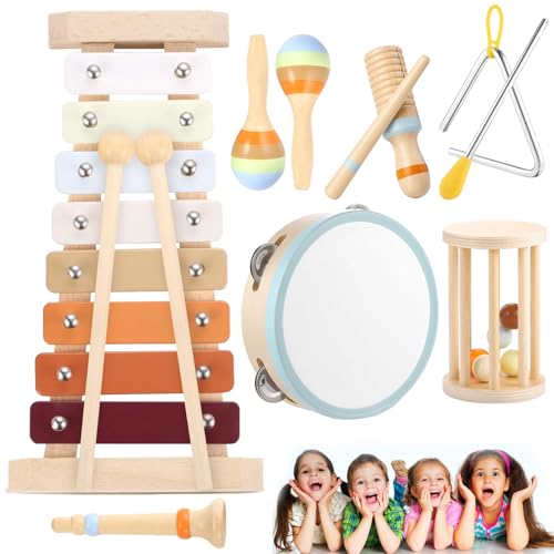 Yesmoyhe Holz Musikspielzeug Trommel, 7 Stück Musikinstrumente Kinder Set, Percussion Set, Baby Klanghölzer, Tambourin aus Holz, Maracas, Triangel und Egg-Shaker, Baby Montessori Spielzeug ab 3 Yesmoyhe Holz Musikspielzeug Trommel, 7 Stück Musikinstrumente Kinder Set, Percussion Set, Baby Klanghölzer, Tambourin aus Holz, Maracas, Triangel und Egg-Shaker, Baby Montessori Spielzeug ab 3 von Yesmoyhe
