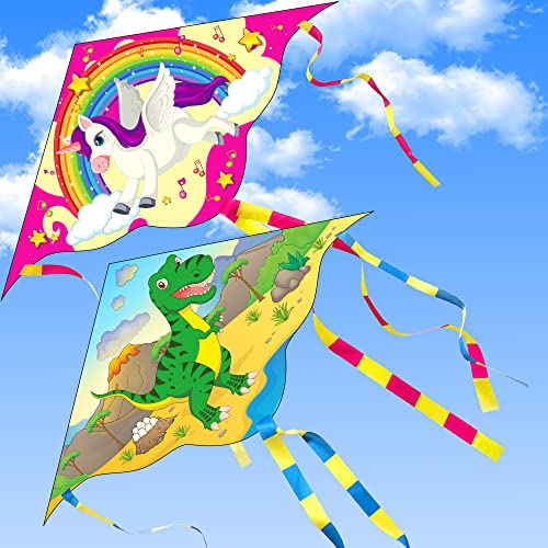 Yetech Drachen Flugdrachen Einleiner,2 Packs Kinder Drachen, 110 * 55cm, Bunte Einhörner und Dinosaurier Einleiner Drachen Basteln Kite Kit,inklusiv Drachenschnur und Streifenschwänze von Yetech