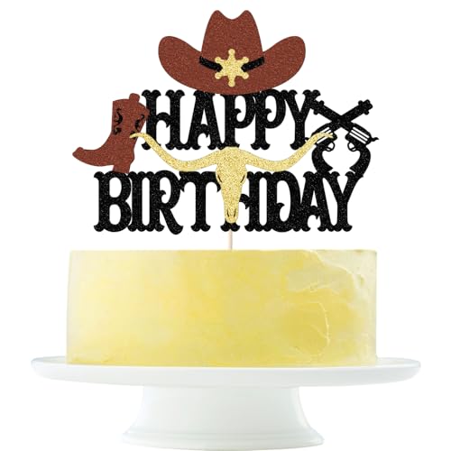 Cowboy Happy Birthday Cake Topper Shiny Cowboy Happy Birthday Cake Topper für Jungen Mädchen Cowboy Themen Geburtstagsdekorationen (1) von Yetxel