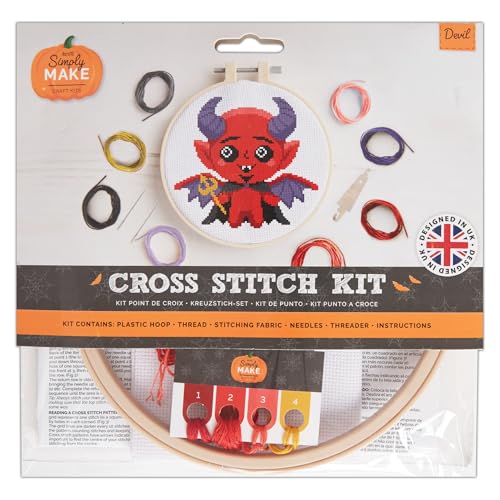 Simply MAKE Kreuzstich Kit Teufel Design Halloween Hoop Stickgarn Stoff und Nadel für Anfänger Starter Kreuzstich Bastelset Tolle Geschenke Handwerk Hobbyisten Halloween Home Decor von Yeuyyben