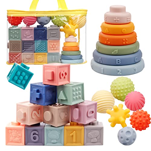 Montessori Sensorik Spielzeug, 24 Stück Weich Baby Bausteine, Bälle und Ringen Babyspielzeug Stapelspiel Set, Motorikspielzeug Stapelwürfel Bauklötze, Beißring Badespielzeug ab 6 9 12 Monate 1 Jahre Montessori Sensorik Spielzeug, 24 Stück Weich Baby Bausteine, Bälle und Ringen Babyspielzeug Stapelspiel Set, Motorikspielzeug Stapelwürfel Bauklötze, Beißring Badespielzeug ab 6 9 12 Monate 1 Jahre von Yevohadt