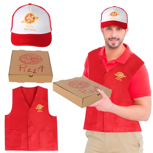 Yewong 3-teiliges Pizza-Lieferkostüm-Set für Erwachsene, Hut, Weste, Box für Lebensmittel-Server, Rollenspiele, Kostüm, Halloween, Karriere Yewong 3-teiliges Pizza-Lieferkostüm-Set für Erwachsene, Hut, Weste, Box für Lebensmittel-Server, Rollenspiele, Kostüm, Halloween, Karriere von Yewong