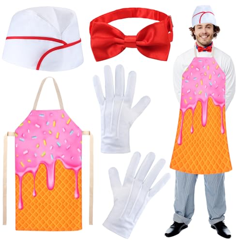 Yewong Eiscreme-Verkäufer-Kostüm-Set für Erwachsene, Eiswaffel, Schürze, Soda Jerk Cap, Fliege, Handschuhe für Geburtstag, Party, Halloween, 4-teilig von Yewong