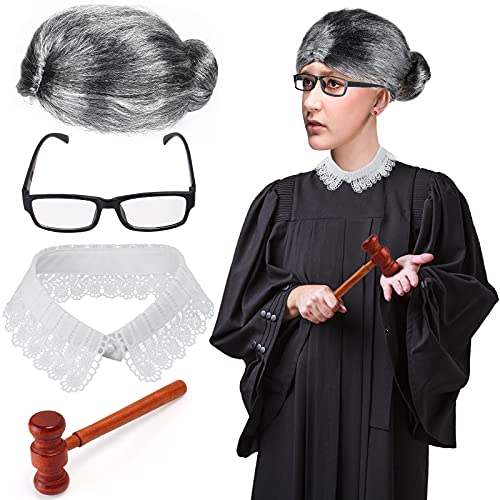 Yewong Richter-Kostüm-Zubehör, Richter-Anwältin, Perücke, Richter-Choker, Blusenkragen, Holz, Richterhammer mit Kostüm-Brille für Halloween, Richter, Cosplay, Partygeschenke (Set B) von Yewong