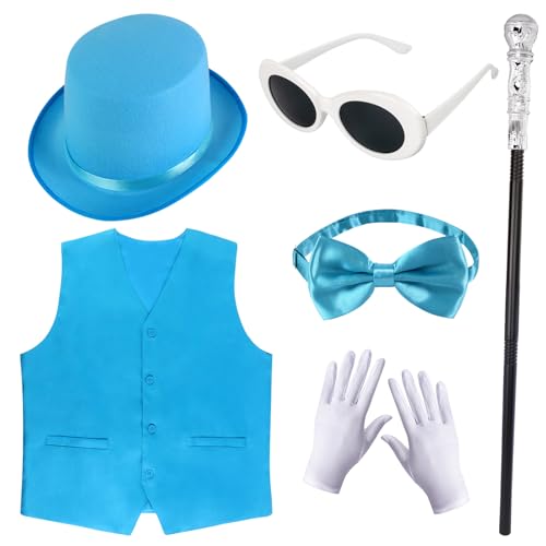 Yewong Set mit Hut und Weste für Erwachsene, mit Fliege, Stange, Handschuhe, Brille für Herren, Halloween, Cosplay, Party, 6 Stück, Blau, Erwachsene von Yewong