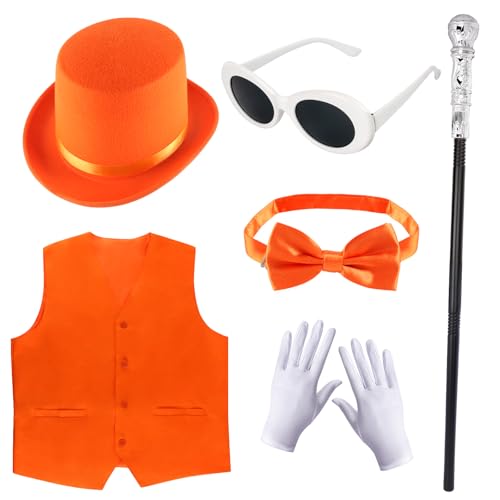 Yewong Set mit Hut und Weste für Erwachsene, mit Fliege, Stange, Handschuhe, Brille für Herren, Halloween, Cosplay, Party, 6 Stück, Orange/Abendrot im Zickzackmuster (Sunset Chevron), Erwachsene von Yewong