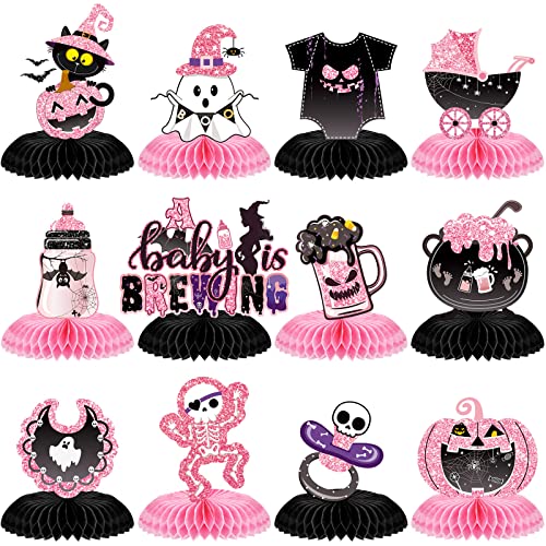 12 Stück Halloween-Babyparty-Dekorationen, Halloween, ein Baby braut Waben-Mittelstücke, ein Baby braut Tischaufsätze für Halloween, Geschlechtsoffenbarung, Partyzubehör (Schwarz, Rosa) von Yexiya