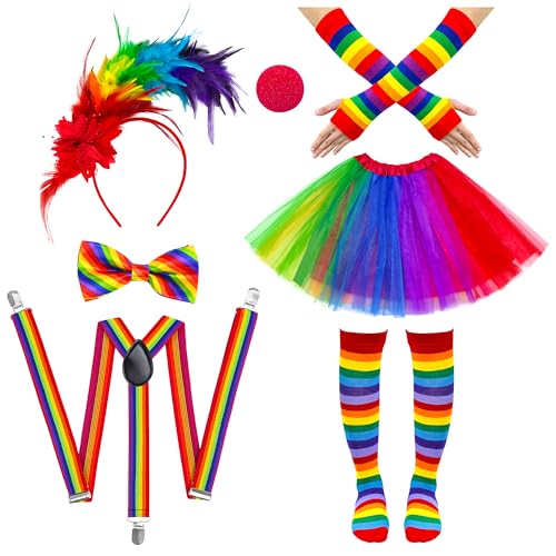 Yezmo Karneval Regenbogen Kostüm Clown Kostüm Damen, Regenbogen-Tutu-Rock Zirkusclown Gestreifte Mit Feder Haarreif Riemen Kniestrümpfe Beinwärmern Mit Riemen Für Mottoparty von Yezmo