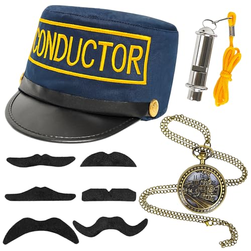 Yezmo Zugbegleiter-Kostümzubehör, Express-Kostüm-Set mit Zugbegleiterhut, Zugpfeife, Taschenuhr und Schnurrbärten für Männer und Frauen für Partys und Weihnachten von Yezmo
