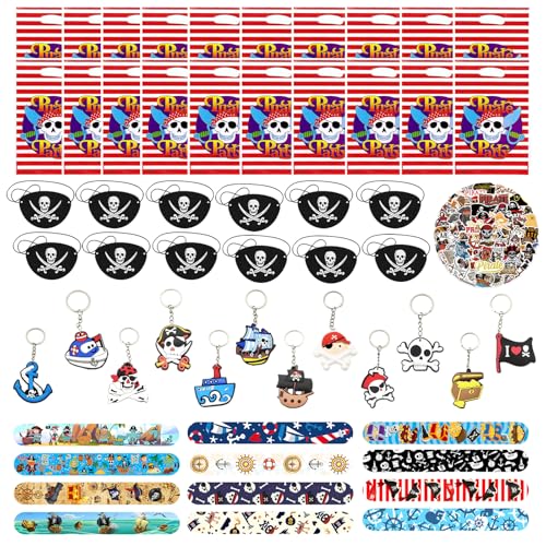 Yhjxly 106 pcs Piraten Kindergeburtstag Set,Piraten Kostüm Zubehör mit Augenklappe Schnapparmbänder Schlüsselanhänger Aufkleber und Geschenktüte für Halloween Pirat Party Kindergeburtstag von Yhjxly