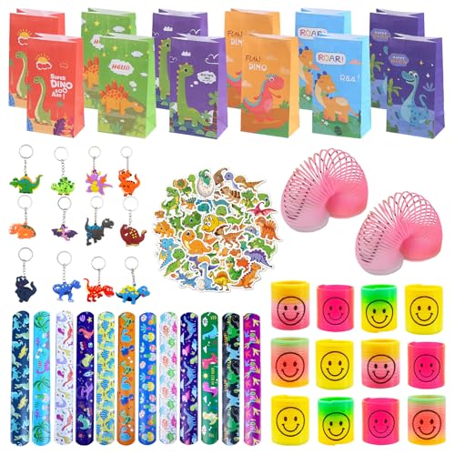 Yhjxly 98 Stück Dino Mitgebsel Kindergeburtstag, Party Gastgeschenke Kinder, Dinosaurier Mitgebsel Gastgeschenke Give Aways Mit Schnapparmbänder Schlüsselanhänger Geschenktüten Aufkleber von Yhjxly