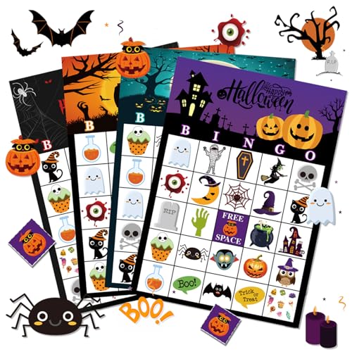 Yhjxly Halloween Bingo für 24 Kinder, Haloween-Bingo Karten Brettspiel,Halloween-Partygeschenk,Halloween-Bastelarbeiten für Schul und Familienaktivitäten, Heloween Party, Brettspiele von Yhjxly