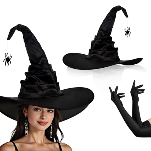 Yhjxly Halloween Hexenhut und Lange Handschuhe Set,Faltbarer Hexenhut mit Spinnenanhänger, 53cm Stretchhandschuhe,Hexen Hut Kostüm Cosplay, Kostümzubehör für Fasching Party Theater und Bar-Events von Yhjxly