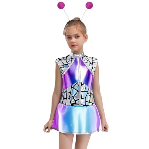 Yhong Alien Kostüm Mädchen Space Girl Metallic Kleid + Haarreif Weltall Astronauten Verkleidung Halloween Karneval Faschingkostüm Blau Pink 158-164 von Yhong