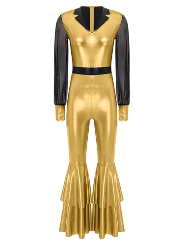 Yhong Damen 70er 80er Disco Kostüm Langarm Ganzkörperanzug Jumpsuit mit Schlaghose Vintage Festliches Outfit Karneval Halloween Faschingskostüme Gold XXL Yhong Damen 70er 80er Disco Kostüm Langarm Ganzkörperanzug Jumpsuit mit Schlaghose Vintage Festliches Outfit Karneval Halloween Faschingskostüme Gold XXL von Yhong