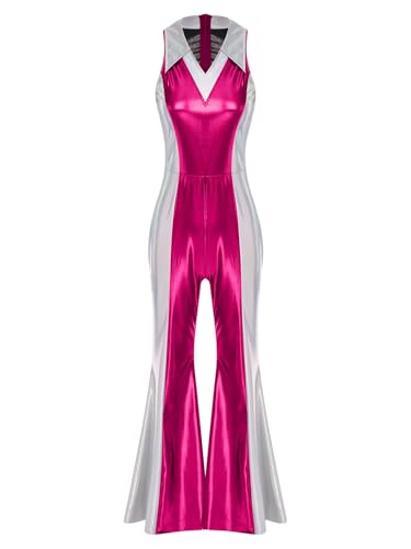 Yhong Damen Glänzend Jumpsuit Ärmellos Ganzkörperanzug mit Schlaghose Vintage 70er 80er Disco Outfit Festliches Hippie Kostüm Karneval Party Hot Pink XL Yhong Damen Glänzend Jumpsuit Ärmellos Ganzkörperanzug mit Schlaghose Vintage 70er 80er Disco Outfit Festliches Hippie Kostüm Karneval Party Hot Pink XL von Yhong