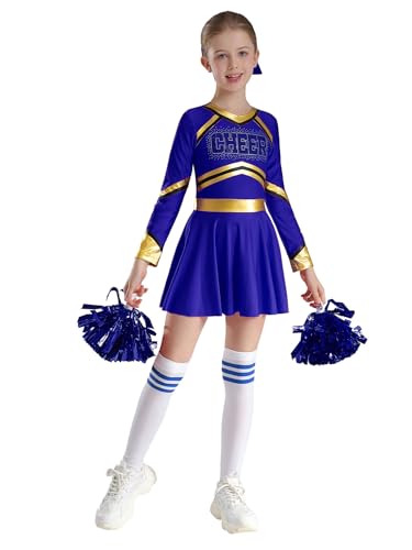 Yhong Mädchen 4tlg Langarm Cheerleading Uniform Outfits Cheer Kleid mit Pompoms Harrband Strümpfe Kinder Halloween Cheer Leader Kostüm Blau 158-164 Yhong Mädchen 4tlg Langarm Cheerleading Uniform Outfits Cheer Kleid mit Pompoms Harrband Strümpfe Kinder Halloween Cheer Leader Kostüm Blau 158-164 von Yhong