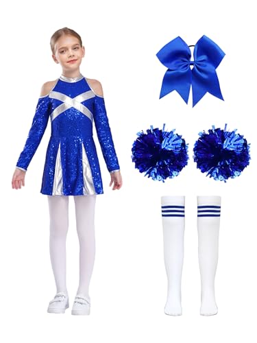 Yhong Mädchen 4tlg Langarm Cheerleading Uniform Outfits Cheer Kleid mit Pompoms Harrband Strümpfe Kinder Halloween Cheer Leader Kostüm Blau A 146-152 Yhong Mädchen 4tlg Langarm Cheerleading Uniform Outfits Cheer Kleid mit Pompoms Harrband Strümpfe Kinder Halloween Cheer Leader Kostüm Blau A 146-152 von Yhong
