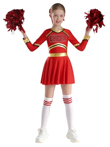 Yhong Mädchen 4tlg Langarm Cheerleading Uniform Outfits Cheer Kleid mit Pompoms Harrband Strümpfe Kinder Halloween Cheer Leader Kostüm Rot 158-164 Yhong Mädchen 4tlg Langarm Cheerleading Uniform Outfits Cheer Kleid mit Pompoms Harrband Strümpfe Kinder Halloween Cheer Leader Kostüm Rot 158-164 von Yhong