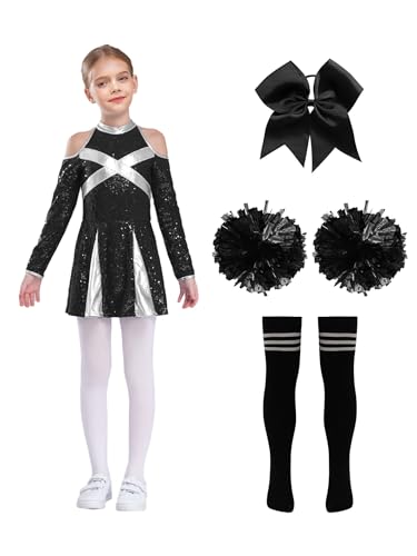 Yhong Mädchen 4tlg Langarm Cheerleading Uniform Outfits Cheer Kleid mit Pompoms Harrband Strümpfe Kinder Halloween Cheer Leader Kostüm Schwarz A 122-128 Yhong Mädchen 4tlg Langarm Cheerleading Uniform Outfits Cheer Kleid mit Pompoms Harrband Strümpfe Kinder Halloween Cheer Leader Kostüm Schwarz A 122-128 von Yhong