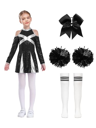 Yhong Mädchen 4tlg Langarm Cheerleading Uniform Outfits Cheer Kleid mit Pompoms Harrband Strümpfe Kinder Halloween Cheer Leader Kostüm Schwarz-Weiss A 122-128 Yhong Mädchen 4tlg Langarm Cheerleading Uniform Outfits Cheer Kleid mit Pompoms Harrband Strümpfe Kinder Halloween Cheer Leader Kostüm Schwarz-Weiss A 122-128 von Yhong