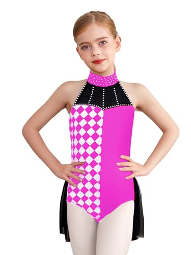 Yhong Mädchen Clown Kostüm Zirkus Dompteur Verkleidung Ärmellose Kariert Tanzbody Jumpsuit Ballettanzug Karneval Halloween Kinderkostüm Hot Pink 170 von Yhong