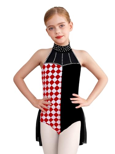 Yhong Mädchen Clown Kostüm Zirkus Dompteur Verkleidung Ärmellose Kariert Tanzbody Jumpsuit Ballettanzug Karneval Halloween Kinderkostüm Schwarz 122-128 von Yhong