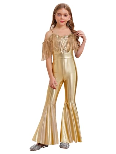 Yhong Mädchen Metallic Jumpsuit Schlaghose Spaghettiträger Overall Mit Fransen 70er 80er Disco Karneval Party Performance Outfit Gold 158-164 von Yhong