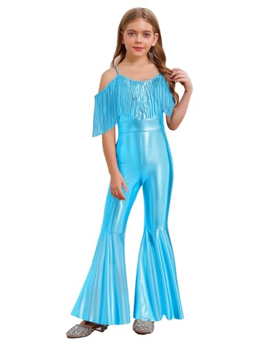 Yhong Mädchen Metallic Jumpsuit Schlaghose Spaghettiträger Overall Mit Fransen 70er 80er Disco Karneval Party Performance Outfit Grün 158-164 von Yhong