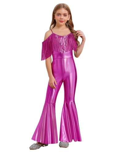 Yhong Mädchen Metallic Jumpsuit Schlaghose Spaghettiträger Overall Mit Fransen 70er 80er Disco Karneval Party Performance Outfit Hot Pink 158-164 von Yhong