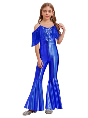 Yhong Mädchen Metallic Jumpsuit Schlaghose Spaghettiträger Overall Mit Fransen 70er 80er Disco Karneval Party Performance Outfit Königsblau 134-140 von Yhong