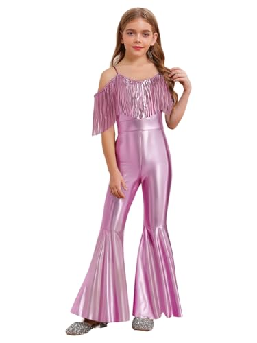 Yhong Mädchen Metallic Jumpsuit Schlaghose Spaghettiträger Overall Mit Fransen 70er 80er Disco Karneval Party Performance Outfit Rosa 170 von Yhong
