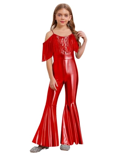 Yhong Mädchen Metallic Jumpsuit Schlaghose Spaghettiträger Overall Mit Fransen 70er 80er Disco Karneval Party Performance Outfit Rot 146-152 von Yhong