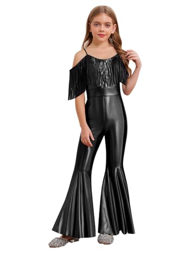 Yhong Mädchen Metallic Jumpsuit Schlaghose Spaghettiträger Overall Mit Fransen 70er 80er Disco Karneval Party Performance Outfit Schwarz 122-128 von Yhong