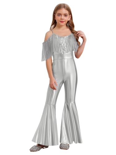 Yhong Mädchen Metallic Jumpsuit Schlaghose Spaghettiträger Overall Mit Fransen 70er 80er Disco Karneval Party Performance Outfit Silber 158-164 von Yhong
