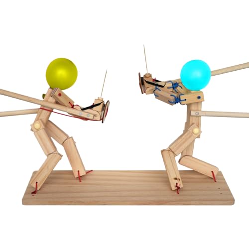 Holzzäunepuppen, Handgefertigtes Ballon-Mann-Kampfspiel Mit 35-cm-Bambusschwert, Schild, Zwei-Spieler-Whack-a-Balloon-Roboter-Roboter-Set, Bemalte Köpfe, Lustige Family Party-Spielzeug Für Kinder von Yhsioaklo