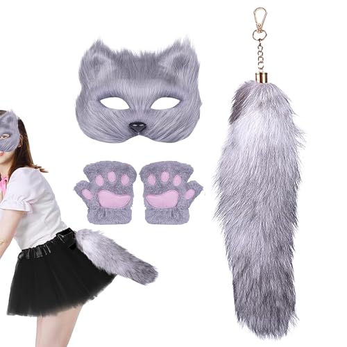 Yhsioaklo Wolf Kostüm | Tierkostüm | Wolf Cosplay | Halloween Hallowe -Maske aus synthetischen Wolf, unterhaltsamer Abdeckung und Schwanz für das tierische Beingesicht von Yhsioaklo