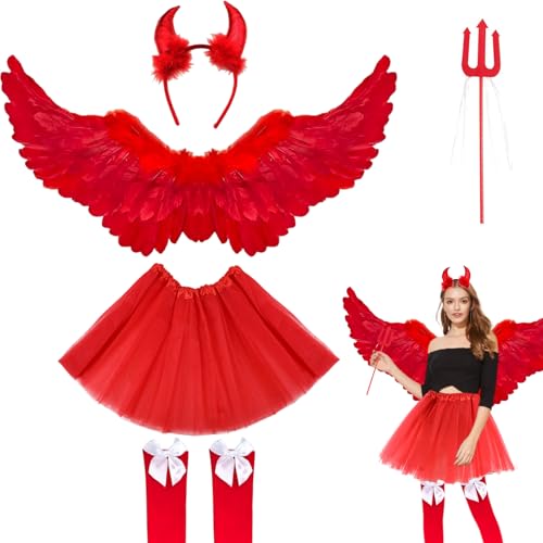 5 Stück Engel Kostüm Damen Set, 80CM Engelsflügel Rot Erwachsenes, Engel Teufel Kostüm Damen, Engelsflügel Rot mit Tütü Rock, Devil Headwear und Kniestrümpfe, Fasching Verkleidung 5 Stück Engel Kostüm Damen Set, 80CM Engelsflügel Rot Erwachsenes, Engel Teufel Kostüm Damen, Engelsflügel Rot mit Tütü Rock, Devil Headwear und Kniestrümpfe, Fasching Verkleidung von Yi'antai