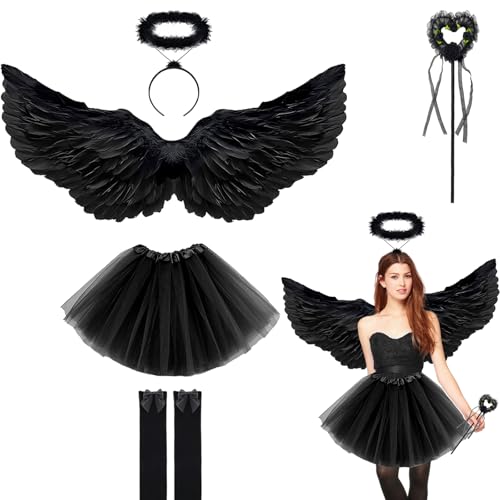 5 Stück Engel Kostüm Damen Set, 80CM Engelsflügel Schwarz Erwachsenes, Engel Teufel Kostüm Damen, Engelsflügel mit Tütü Rock, Heiligenschein Zauberstab und Kniestrümpfe, Fasching Verkleidung (Schwarz) 5 Stück Engel Kostüm Damen Set, 80CM Engelsflügel Schwarz Erwachsenes, Engel Teufel Kostüm Damen, Engelsflügel mit Tütü Rock, Heiligenschein Zauberstab und Kniestrümpfe, Fasching Verkleidung (Schwarz) von Yi'antai