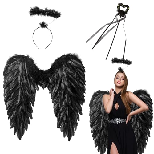 60cm Engelsflügel Schwarz, Engel Flügel mit Heiligenschein, Gefallener Engel mit Zauberstab, Engel und Teufel Flügel Kostüm Damen, Kostüm Engel für Party Fasching Deko 60cm Engelsflügel Schwarz, Engel Flügel mit Heiligenschein, Gefallener Engel mit Zauberstab, Engel und Teufel Flügel Kostüm Damen, Kostüm Engel für Party Fasching Deko von Yi'antai