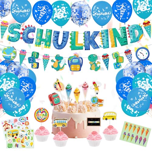 Einschulung Deko Mädchen, Schuleinführung Schulanfang Deko Set, Rosa Luftballons Schulanfang + Schulanfang Folienballon Einschulungsdeko Einschulung Dekoration (Dinosaurier) von Yi'antai