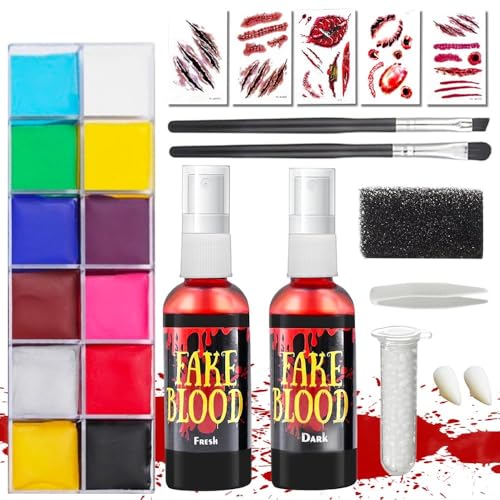 Kunstblut Halloween Schminke, 60ml Frisches Blut Spray, 60ml Dunkelrotes Blut Spray, 12 Farben Körpergesichtsfarbe, Vampirzähne, Make-up-Pinsel und Schwämme, 5 Realistisch Wunden Narben Kunstblut Halloween Schminke, 60ml Frisches Blut Spray, 60ml Dunkelrotes Blut Spray, 12 Farben Körpergesichtsfarbe, Vampirzähne, Make-up-Pinsel und Schwämme, 5 Realistisch Wunden Narben von Yi'antai