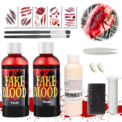 Yi'antai Halloween Make Up Set, 60ml Frisches Blut + 60ml Gealtertes Blut + 30ml Latexmilch + Vampirzähne + Make-up-Pinsel und Schwämme von Yi'antai