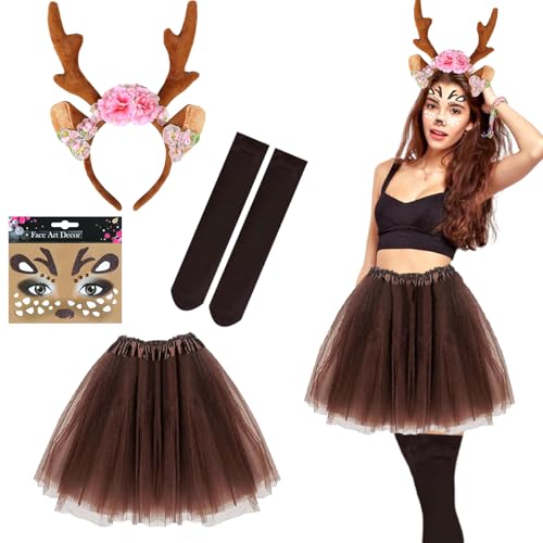 Rentier Kostüm Damen, Rentier Karneval Damenkostüm, Rentier Geweih Haarreifen, Tutu Rock Kostüm Braun mit Socken, Rentier Gesicht Tattoos, Geweih Kostüm REH für Fasching Weihnachten Motto Party Rentier Kostüm Damen, Rentier Karneval Damenkostüm, Rentier Geweih Haarreifen, Tutu Rock Kostüm Braun mit Socken, Rentier Gesicht Tattoos, Geweih Kostüm REH für Fasching Weihnachten Motto Party von Yi'antai