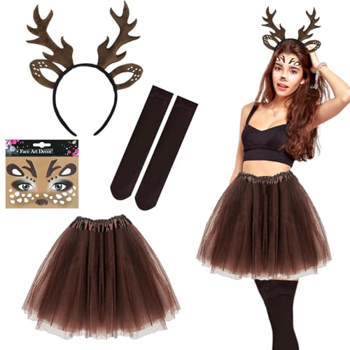Rentier Kostüm Damen, Rentier Karneval Damenkostüm, Rentier Geweih Haarreifen, Tutu Rock Kostüm Braun mit Socken, Rentier Gesicht Tattoos, Geweih Kostüm REH für Fasching Weihnachten Motto Party Rentier Kostüm Damen, Rentier Karneval Damenkostüm, Rentier Geweih Haarreifen, Tutu Rock Kostüm Braun mit Socken, Rentier Gesicht Tattoos, Geweih Kostüm REH für Fasching Weihnachten Motto Party von Yi'antai