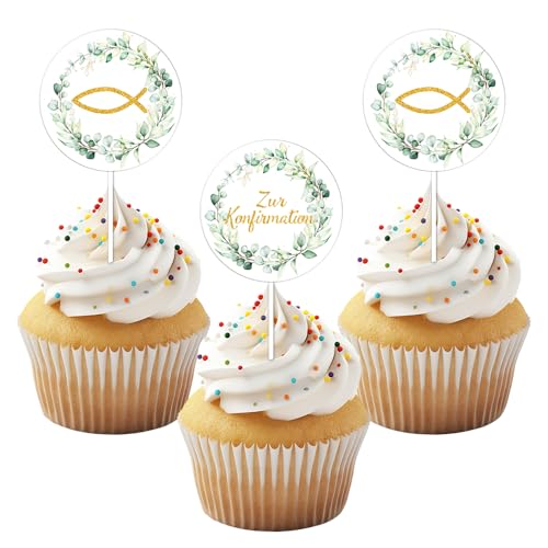 Tortendeko Konfirmation, 30 Stück Cake Topper Konfirmation, Zur Konfirmation Cake Topper, Fisch Eukalyptus Cupcake Torte Deko, Dekoration für Junge Mädchen (Cake Topper Konfirmation) von Yi'antai