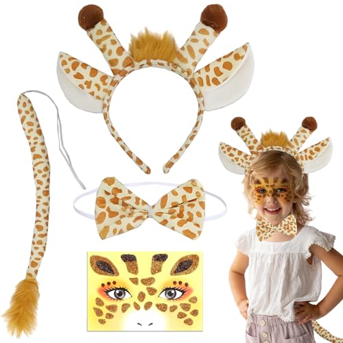 Yi'antai 4 Teilig Giraffe Kostüm Set, Giraffeenohren Haarreif, Tier Giraffe Stirnband Fliege, Giraffe Schwanz, Giraffe Gesichts Kunst Aufkleber, Giraffe Kostüme für Kinder für Karneval Cosplay von Yi'antai