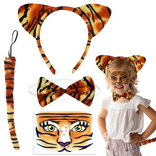 Yi'antai 4 Teilig Tiger Kostüm Set, Tigerenohren Haarreif, Tier Tiger Stirnband Fliege, Tiger Schwanz, Tiger Gesichts Kunst Aufkleber, Tiger Kostüme für Kinder für Karneval Cosplay von Yi'antai